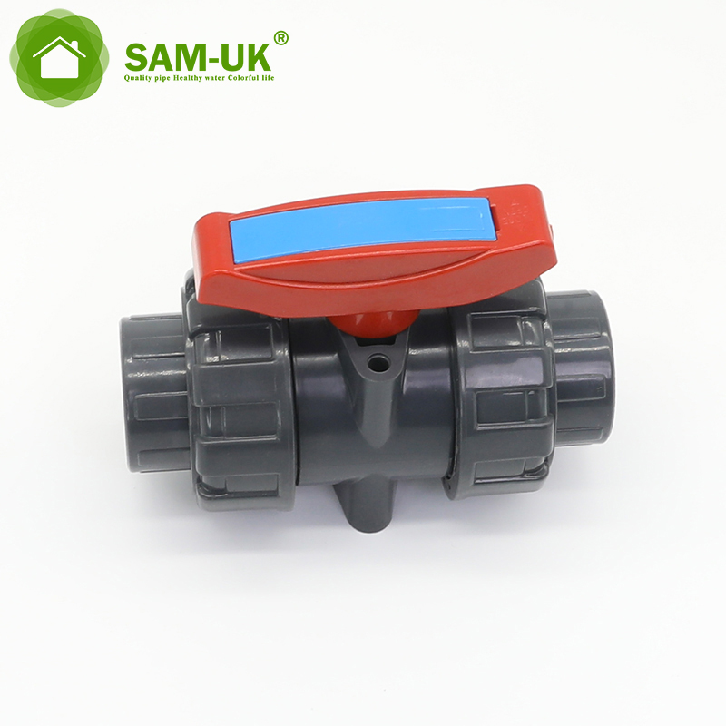 Industry Use UPVC Double Union Ball Valve with Red/blue Handle Plastic Valve Chinese Factory